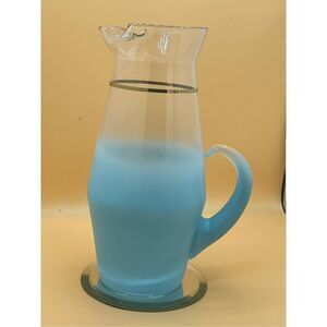 Vintage MCM Blue Frosted Glass Blendo Pitcher Cocktails Bar Cart Gold Ring 12” T